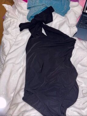 Black One-Shoulder Twist-Front Swim One-Piece